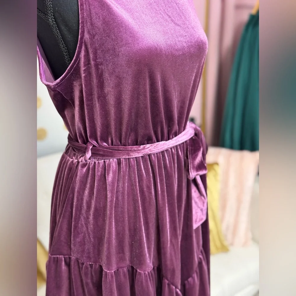 Velvet Mock Neck Tie Waist Dress | Plum Holiday Party Mini Dress - Picture 7 of 7